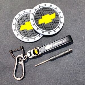 Chevrolet Black Leather Car Keychain w/ Ring-holder, Screwdriver & Cup Holders
